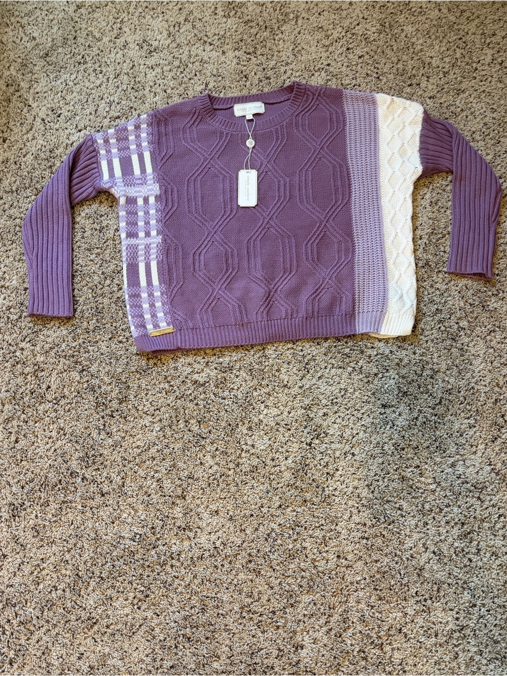 Simply Southern Lavender & Cream Patchwork Cable Knit Sweater